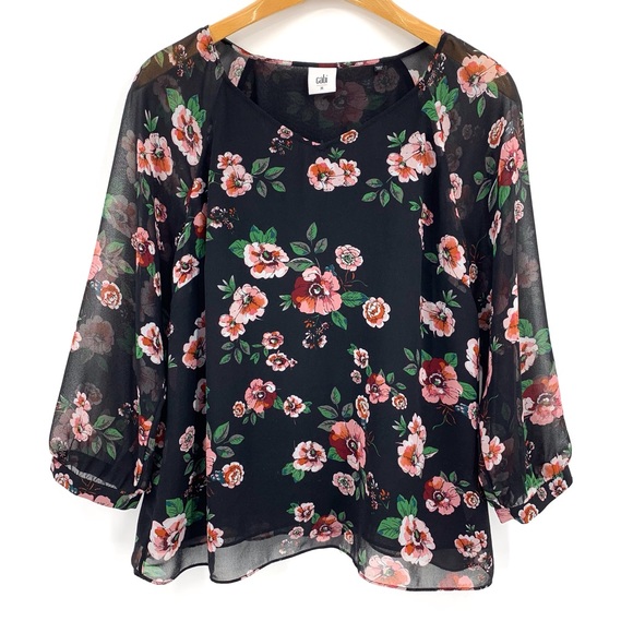 Cabi Garden Blouse # 3595, Black with Rose Print Layered 3/4 Sleeve Top, Medium - Picture 13 of 17